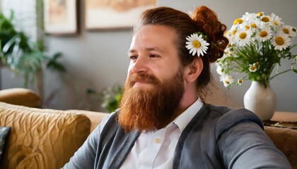 Portrait of a smiling young man with a red beard and red hair tied at the nape of his neck, sitting on a sofa. On his left ear is a daisy in his hair. - obrazy, fototapety, plakaty