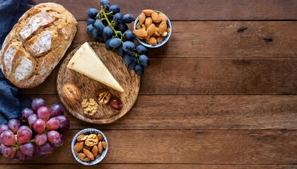 Overhead view of a dark wooden table with grapes, bread, cheese and dried fruit. Copy space.