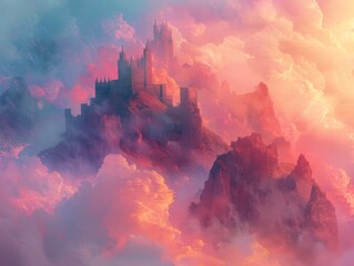 Fototapeta premium A castle is built on a mountain with a pink sky in the background. The castle is surrounded by clouds and the sky is filled with a warm, dreamy atmosphere