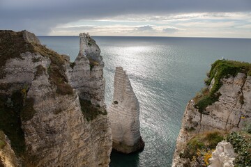 Beautiful seascape with white cliffs on the coast of Etretat, France