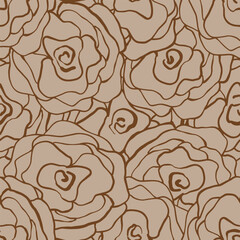 Abstract One Line Drawing Two Colors Romantic Lace Rose Flowers Seamless Vector Pattern Isolated Background