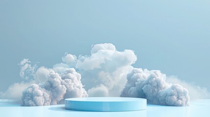 Cloud background, blue podium, 3D product, white sky showing abstract pastel scene. Minimal cloud...