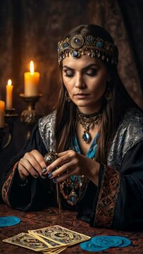 beautiful mysterious female fortune teller reading tarot cards