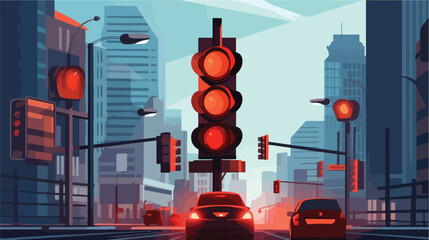 An automated traffic light in the city turned red. - obrazy, fototapety, plakaty