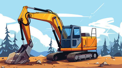 An excavator at a construction site .. 2d flat cartoon