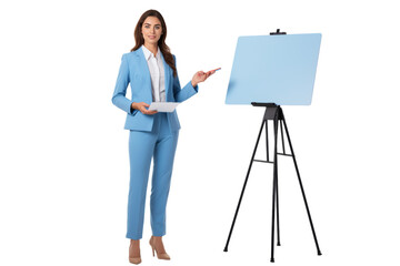 Young woman in a blue suit giving a presentation. isolated on a transparent background.