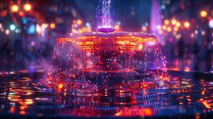 Close-up of a mystical amulet floating above a neon-illuminated urban fountain, casting an otherworldly glow that interacts with the city lights, creating a surreal urban tableau  - obrazy, fototapety, plakaty