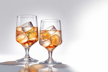 Two glasses with orange juice and ice on a light background.