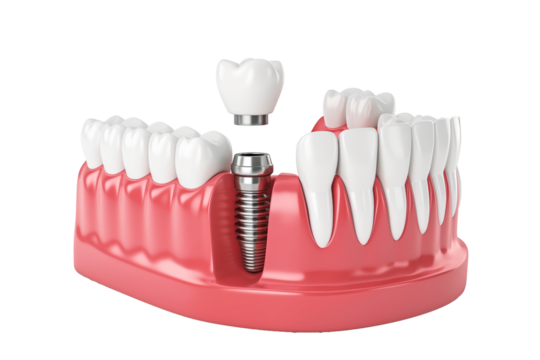Jaw with teeth and premolar implants on a transparent background