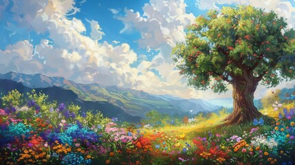 A painting of a tree in a field with mountains in the background. The sky is cloudy and the tree is full of apples