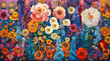 A colorful painting of a flower garden with a variety of flowers including roses, daisies, and sunflowers