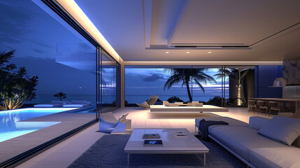 Obraz premium modern interior with concrete floor and night cityscape view.Futuristic illustration of future technologies.