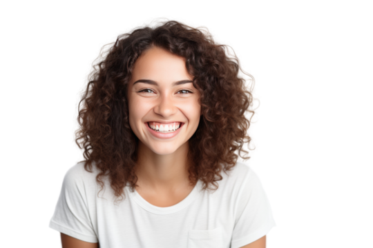 young woman bright smile Filled with happiness and cheerfulness. isolated on a transparent background.