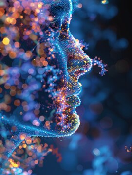 A face made of colorful dots and lines. The face is blurry and has a lot of detail. The colors are bright and vibrant, giving the impression of a futuristic or abstract design