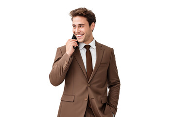 Young man in a brown suit talking on mobile phone. isolated on a transparent background.
