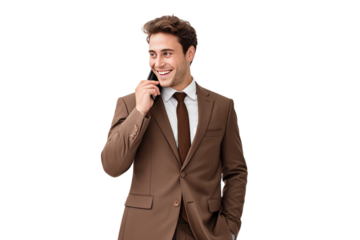 Young man in a brown suit talking on mobile phone. isolated on a transparent background.