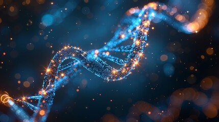 A blue and orange DNA strand with a lot of sparkles. The image is of a computer generated DNA strand
