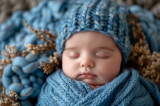 Tranquil image of a baby in a comfy knit cap and wrap, displaying calm and warmth in a serene setting