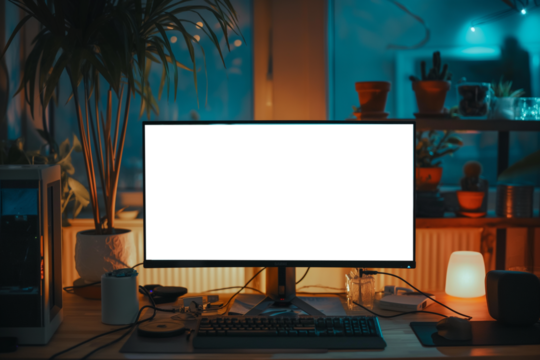 Modern designer desktop with blank screen computer. Mockup