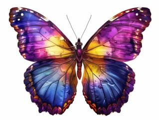 Obraz premium A colorful butterfly with a yellow and blue wing. The butterfly is surrounded by a white background. The butterfly is painted in a way that it looks like it is flying