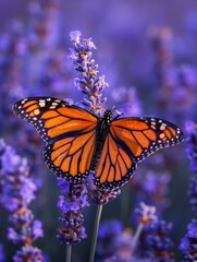 Naklejka premium A butterfly is perched on a purple flower. The butterfly is orange and has black markings on its wings. The purple flowers are in a field and the butterfly is the main focus of the image