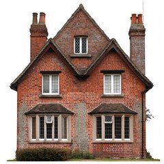 Fototapeta na wymiar Classic red brick house with a gabled roof, symmetric windows and chimneys, isolated on white.