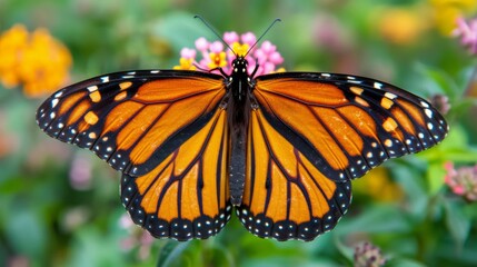 A large orange butterfly is perched on a flower. The butterfly is surrounded by a variety of...