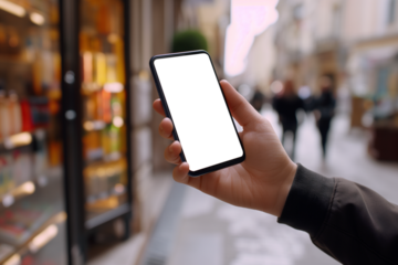Hand-holding mobile phone with blank screen isolated on drinks cabinet background. mockup