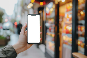 Hand-holding mobile phone with blank screen isolated on drinks cabinet background. mockup