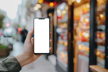 Hand-holding mobile phone with blank screen isolated on drinks cabinet background. mockup