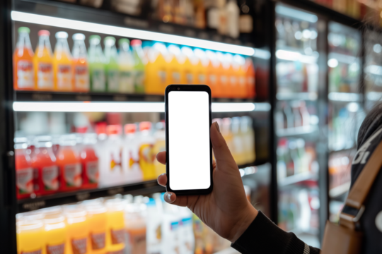 Hand-holding mobile phone with blank screen isolated on drinks cabinet background. mockup