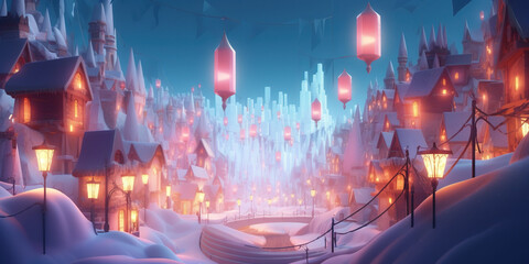 Illuminated Toy Fairy Houses In Snow Make For A Magical Illustration - obrazy, fototapety, plakaty