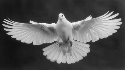 A white dove is flying in the sky. The image has a serene and peaceful mood, as the dove is a symbol of peace and freedom