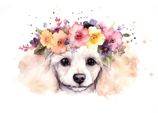 Watercolor illustration of cute poodle portrait with flower wreath on the head and splashes of watercolor paint on white background , generative AI
