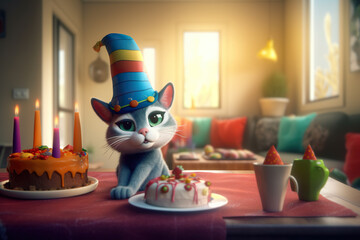 Charming 3D Cartoon Cat, Wearing A Festive Hat, Enjoying Its Birthday With Cakes