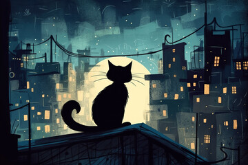 Cartoon Silhouette Of Black Cat On A Root Against Bright Moon At Night In City