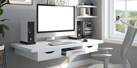 Fototapeta na wymiar Modern designer desktop with blank screen computer, supplies and coffee cup. Mockup
