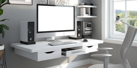 Modern designer desktop with blank screen computer, supplies and coffee cup. Mockup