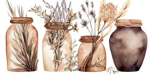 Boho Jars With Dry Leaves And Flowers Are Depicted In A Watercolor Illustration, Isolated On A White Background
