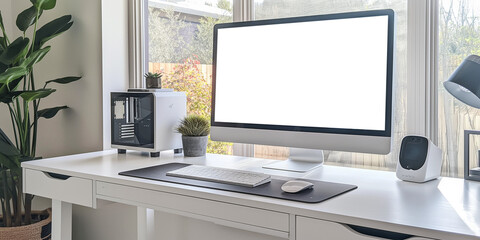 Modern designer desktop with blank screen computer, supplies and coffee cup. Mockup