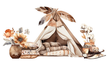 Boho Style Watercolor Illustration Of A Wigwam And Decor, Isolated On A White Background