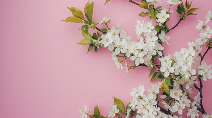 image of a white cherry tree in bloom in the spring against a pink backdrop. aerial view, level lay, and copy area. background of spring and summer. - obrazy, fototapety, plakaty