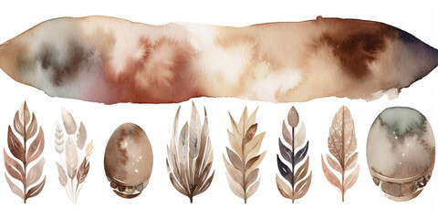 Watercolor Illustration In Boho Style Set Of Different Feathers And Patterned Background, Isolated On White Background