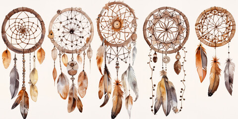 Boho Style Watercolor Illustration Set Of Dream Catchers With Colorful Feathers, Isolated On White Background