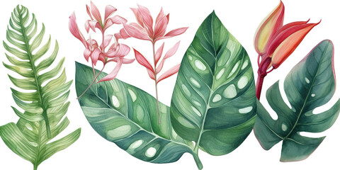 Illustration Done In Watercolor, Showcasing Vibrant Green Tropical Leaves, Beautifully Isolated Against A Stark White Background
