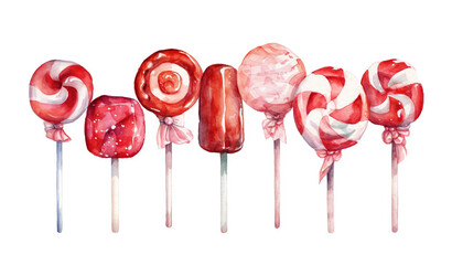 Watercolor Illustration Set Of Sweet Red Lollipops On Sticks, Isolated On A White Background