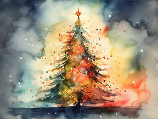 Watercolour Illustration Of Pine Tree Decorates New Year And Christmas Beautifully