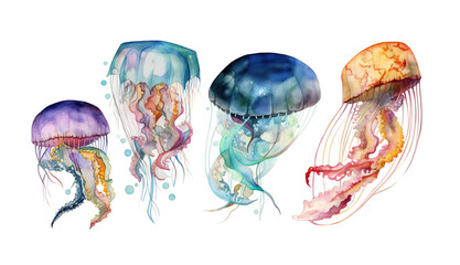 Set of Jellyfishes in pastel watercolor paints on a white background