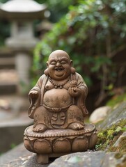 A statue of a smiling Buddha with a necklace around his neck. The statue is sitting on a rock and surrounded by greenery