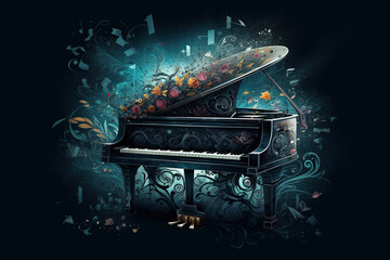 Black Open Piano Surrounded By Flowers Illustration, Classic Music Designs